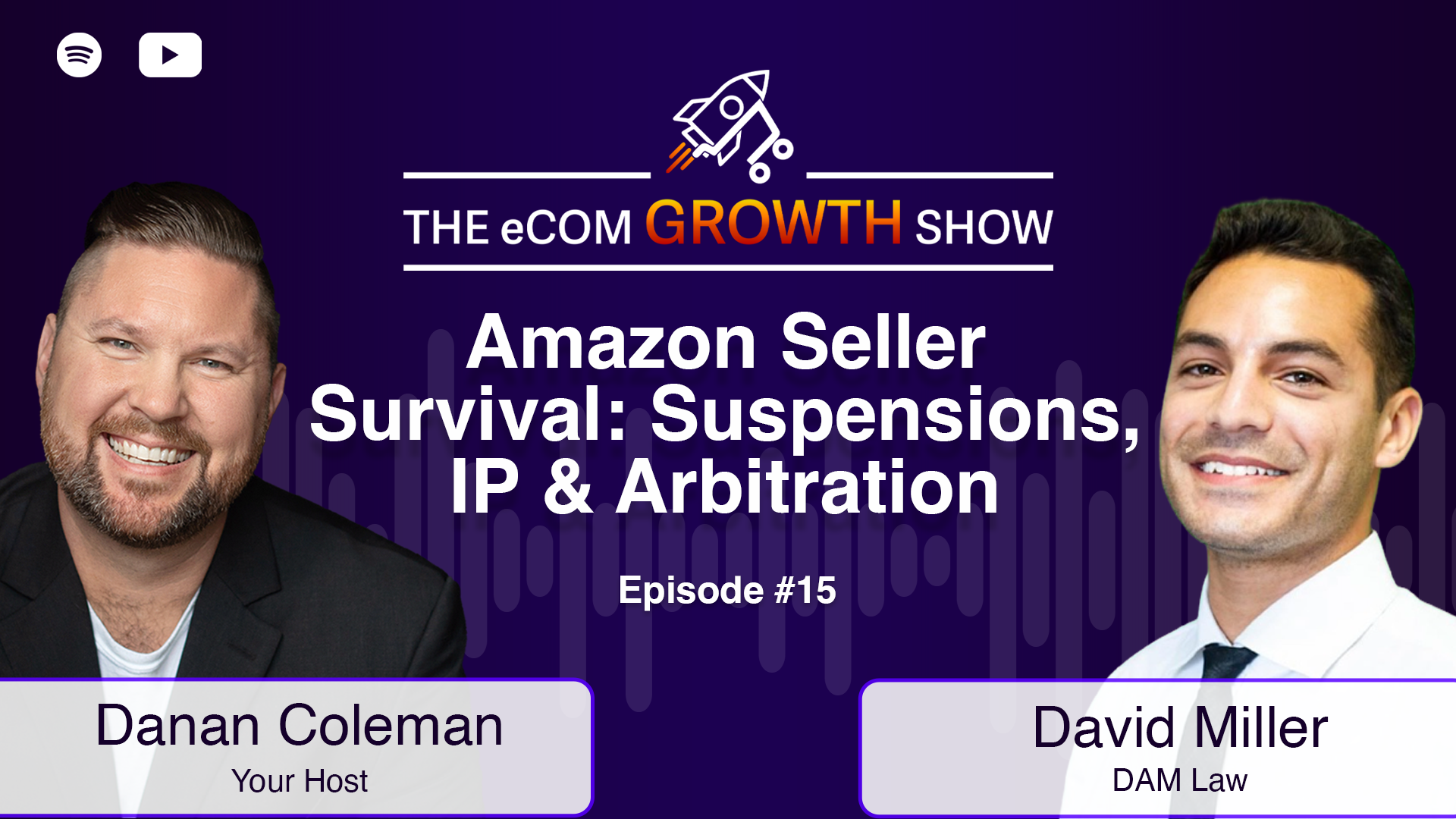 The eCom Growth Show Episode 15 graphic: "Amazon Seller Survival." Host Danan Coleman and guest David Miller.